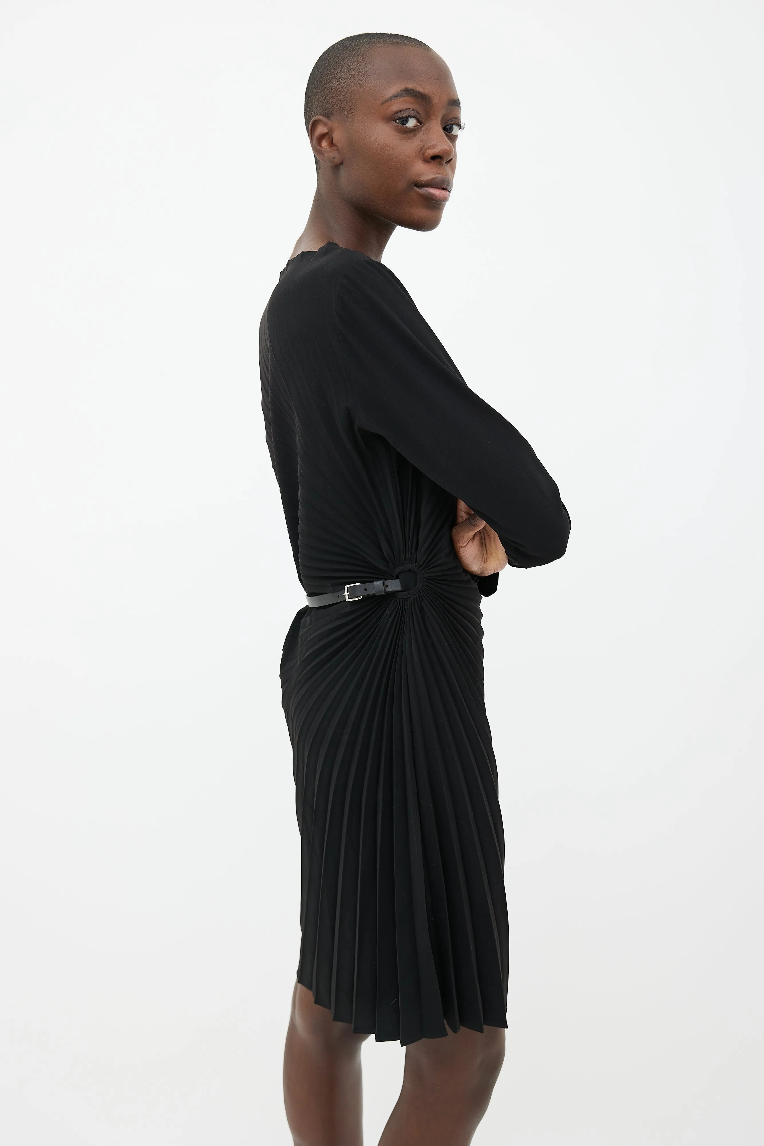 2011 Black Pleated Belted Dress