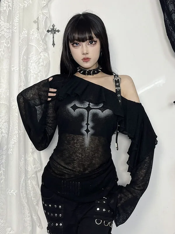 Alternative Cross Ruffled Collar Top