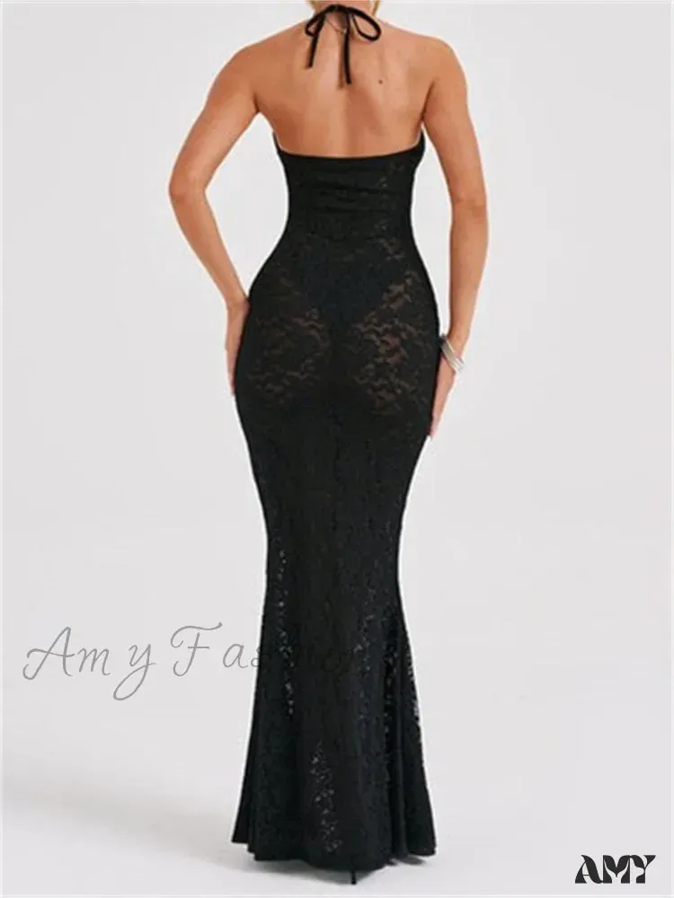 Amy Fashion - Sexy Women Lace  Sexy Mesh See Through Summer Off Shoulder V-neck Halter Black Beach Female Vestidos