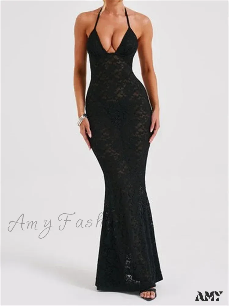 Amy Fashion - Sexy Women Lace  Sexy Mesh See Through Summer Off Shoulder V-neck Halter Black Beach Female Vestidos