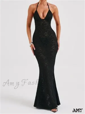 Amy Fashion - Sexy Women Lace  Sexy Mesh See Through Summer Off Shoulder V-neck Halter Black Beach Female Vestidos