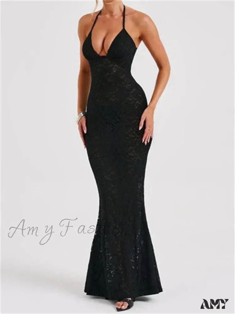 Amy Fashion - Sexy Women Lace  Sexy Mesh See Through Summer Off Shoulder V-neck Halter Black Beach Female Vestidos