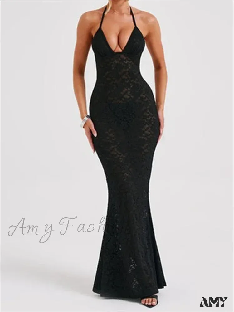 Amy Fashion - Sexy Women Lace  Sexy Mesh See Through Summer Off Shoulder V-neck Halter Black Beach Female Vestidos