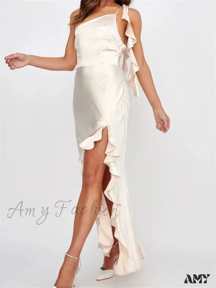 Amy Fashion - Women Summer Evening  Sleeveless Strap Backless Off Shoulder High Split Ruffles Party Female Vestidos
