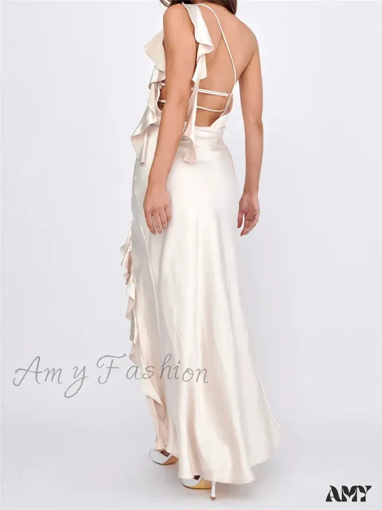 Amy Fashion - Women Summer Evening  Sleeveless Strap Backless Off Shoulder High Split Ruffles Party Female Vestidos