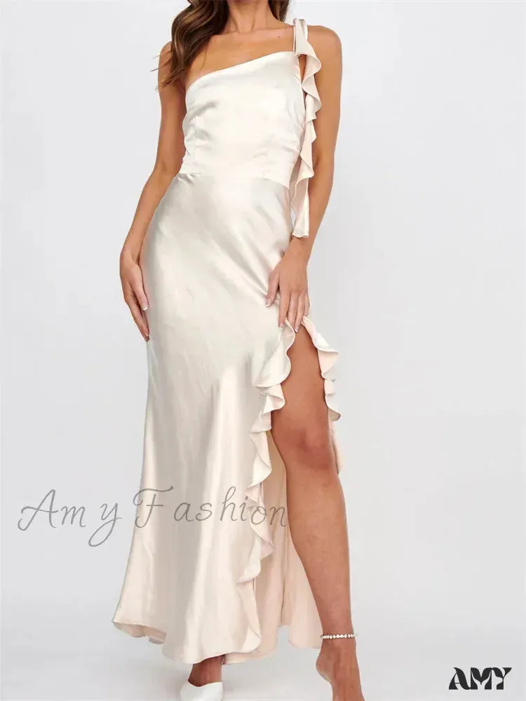 Amy Fashion - Women Summer Evening  Sleeveless Strap Backless Off Shoulder High Split Ruffles Party Female Vestidos
