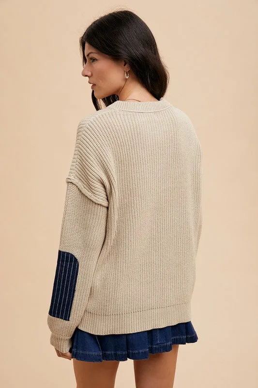Beige Ribbed Contrast Pocket Sweater with Drop Shoulder