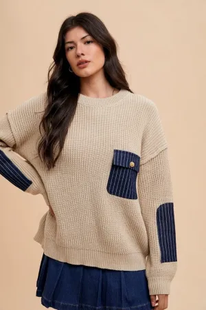 Beige Ribbed Contrast Pocket Sweater with Drop Shoulder