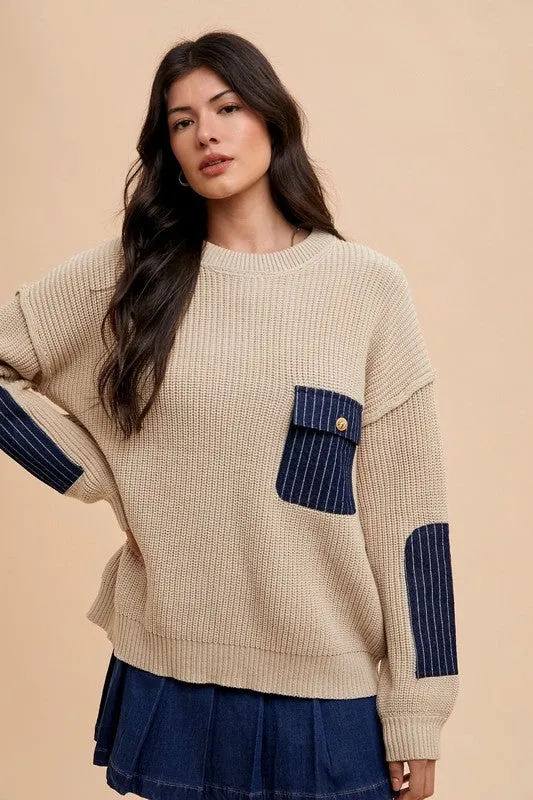 Beige Ribbed Contrast Pocket Sweater with Drop Shoulder