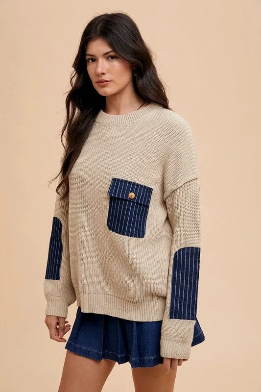 Beige Ribbed Contrast Pocket Sweater with Drop Shoulder