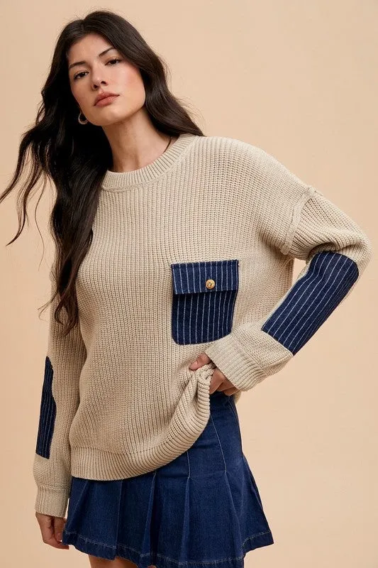 Beige Ribbed Contrast Pocket Sweater with Drop Shoulder