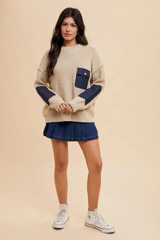 Beige Ribbed Contrast Pocket Sweater with Drop Shoulder
