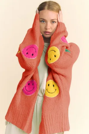 Fuzzy Smile Open Front Cardigan in Orange