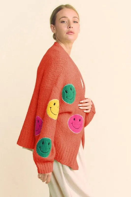 Fuzzy Smile Open Front Cardigan in Orange