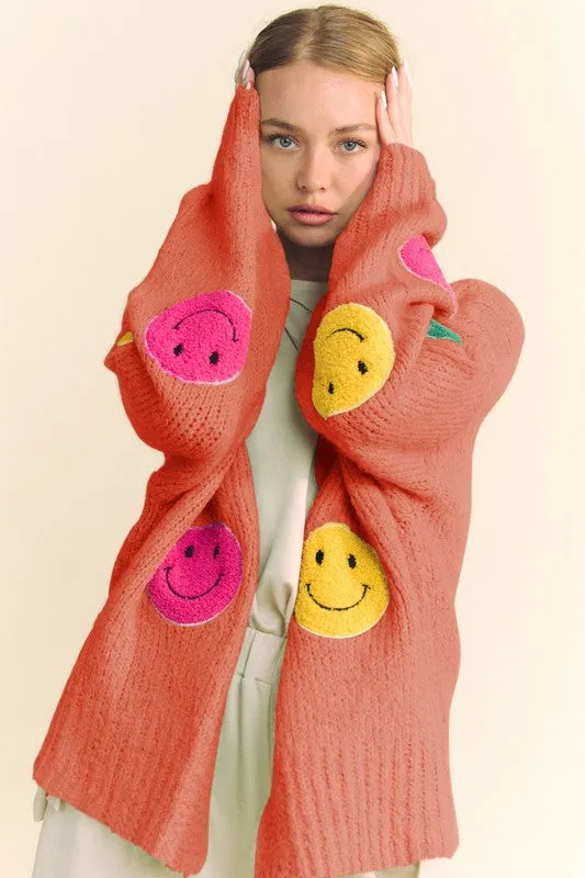 Fuzzy Smile Open Front Cardigan in Orange
