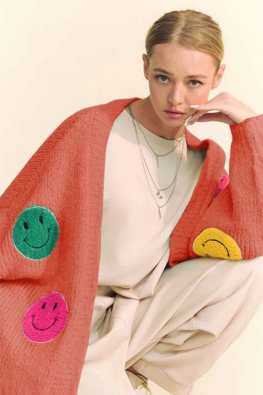 Fuzzy Smile Open Front Cardigan in Orange