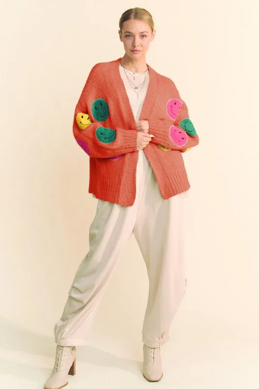 Fuzzy Smile Open Front Cardigan in Orange