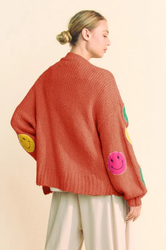 Fuzzy Smile Open Front Cardigan in Orange