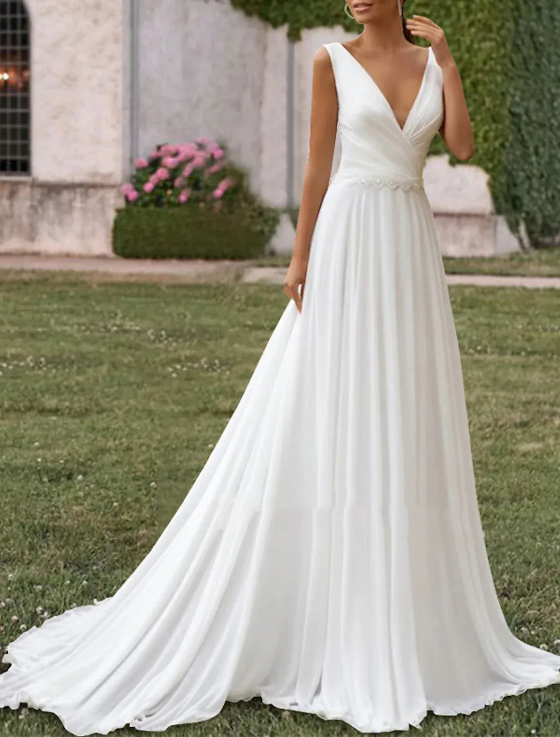 Hall Casual Wedding Dresses A-Line V Neck Sleeveless Sweep / Brush Train Chiffon Bridal Gowns With Pleats