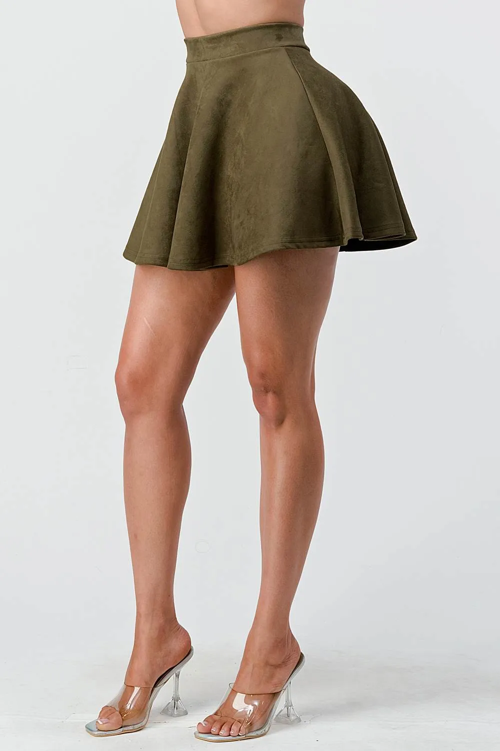 HIGH WAIST TECHNO SUEDE FLARED MINI SKIRT