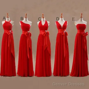Mismatched Junior Chiffon Red Long A-Line Floor Length Bow Sash Cheap Maxi Bridesmaid Dresses,