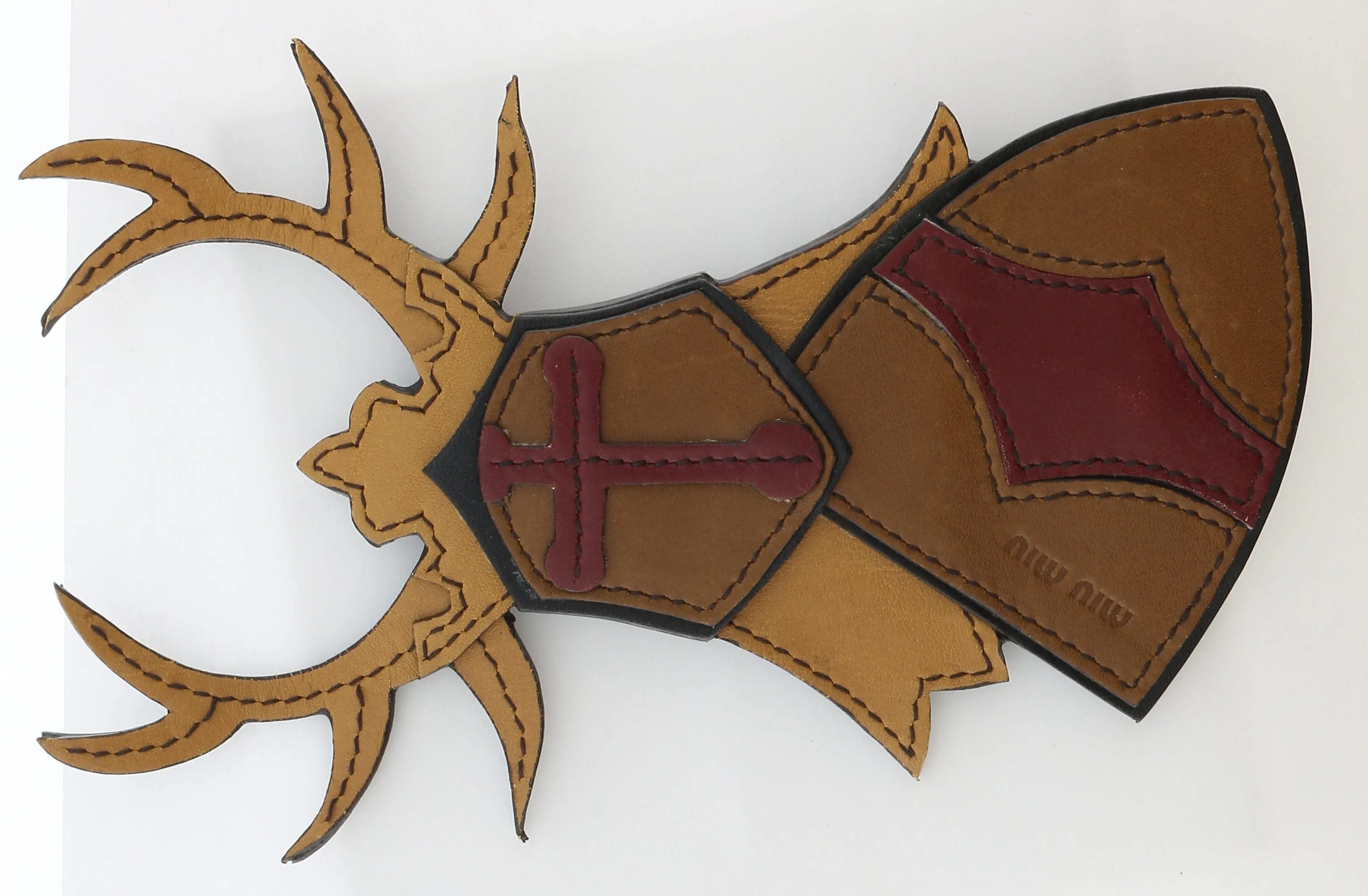 Miu Miu Tan Leather Deer Crest Brooch Pin-One Size