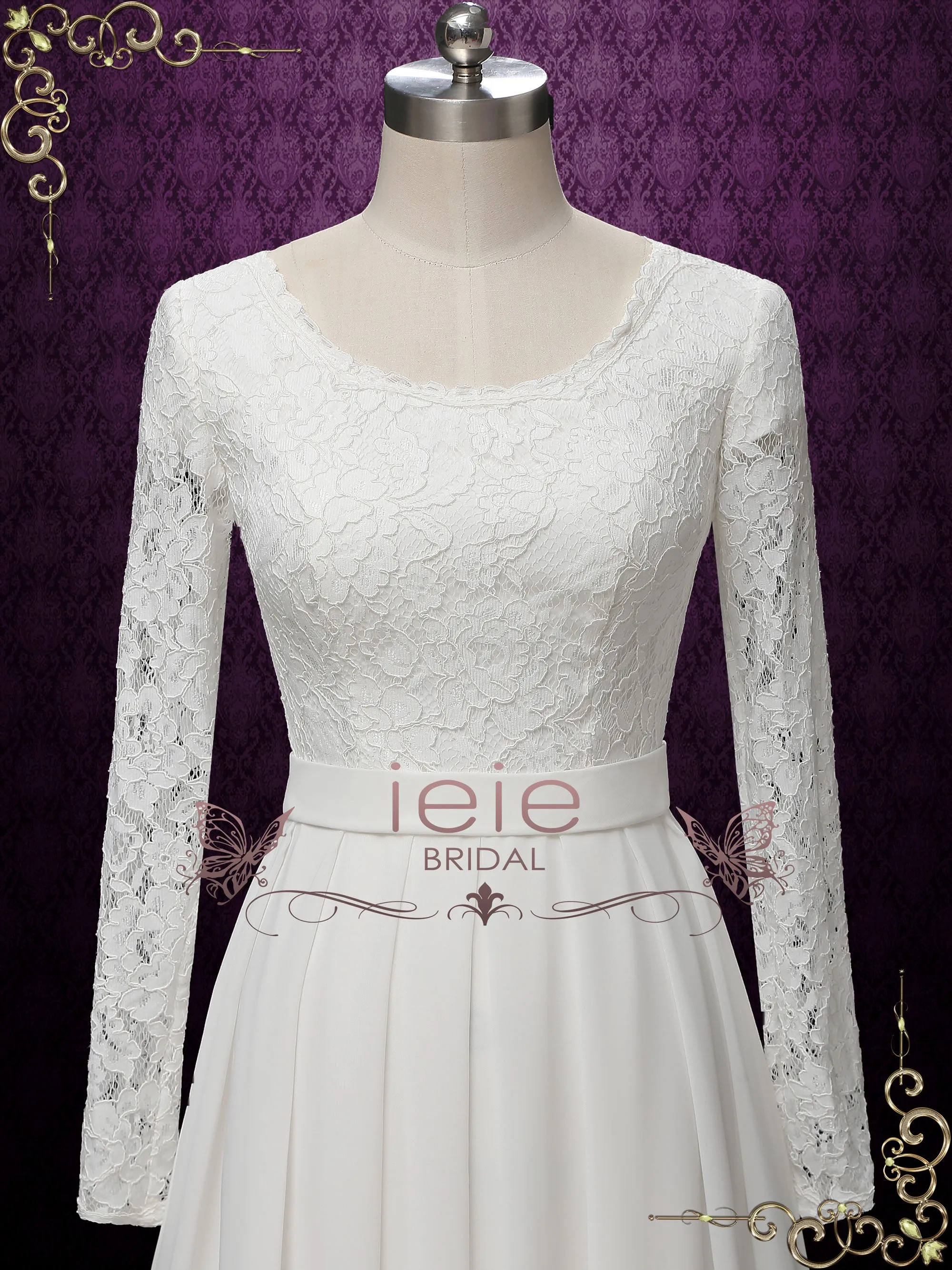 Modest Long Sleeves Chiffon Lace Wedding Dress ALURA
